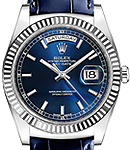 Day-Date President in White Gold with Fluted Bezel on Strap with Blue Stick Dial