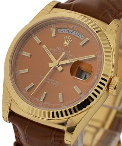 President Day-Date in Yellow Gold with Fluted Bezel on Strap with Cognac Dial