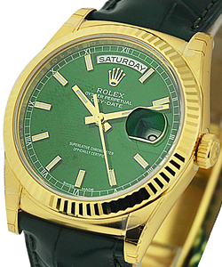 Day-Date President in Yellow Gold with Fluted Bezel on Strap with Green Dial