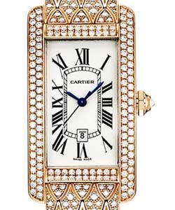 Tank Americaine  Medium with Diamonds in Rose Gold on Diamond Bracelet with Silver Roman Dial
