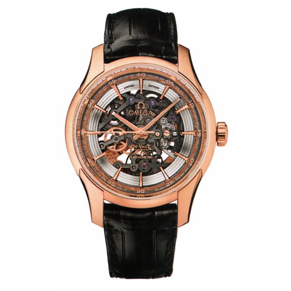Deville Co-axial Chronometer in Rose Gold On Black Crocodile Leather Strap with Silver Skeleton Dial