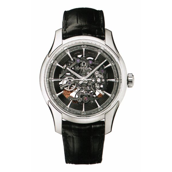 Deville Co-axial Chronometer in Platinum On Black Crocodile Leather Strap with Gray Skeleton Dial