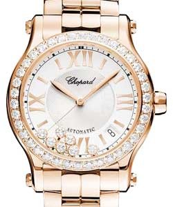 Happy Sport Medium in Rose Gold with Diamond Bezel on Rose Gold Bracelet with Silver Guilloche Dial