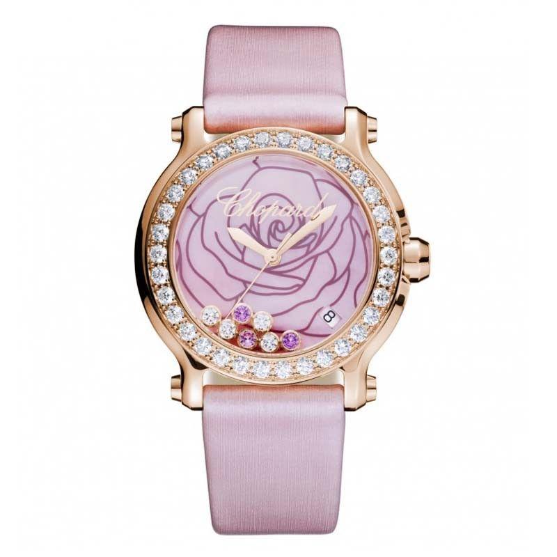 Happy Sport Medium Quartz in Rose Gold with Diamond Bezel On Pink Satin Strap with Pink MOP Dial - Floating Diamond