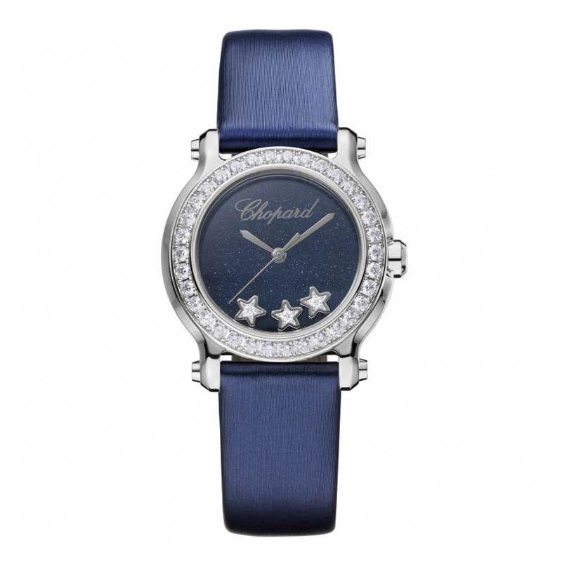 Happy Sport Mini Quartz in Steel with Diamond Bezel on Blue Satin Strap with Blue Dial - 3 Floating Star Diamonds