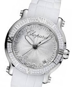Happy Sport Medium in Steel with Diamond Bezel On White Rubber Strap with Silver  Dial