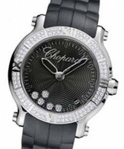 Happy Sport Medium Ladies Quartz in Steel with Diamond Bezel On Black Rubber Strap with Black Guilloche Dial
