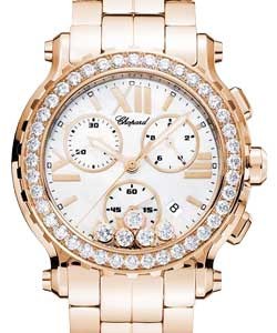Happy Sport Round Chronograph in Rose Gold with Diamond Bezel on Rose Gold Bracelet with White Roman Dial