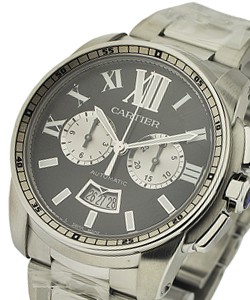 Calibre de Cartier Chronograph in Steel on Steel Bracelet with Black Dial