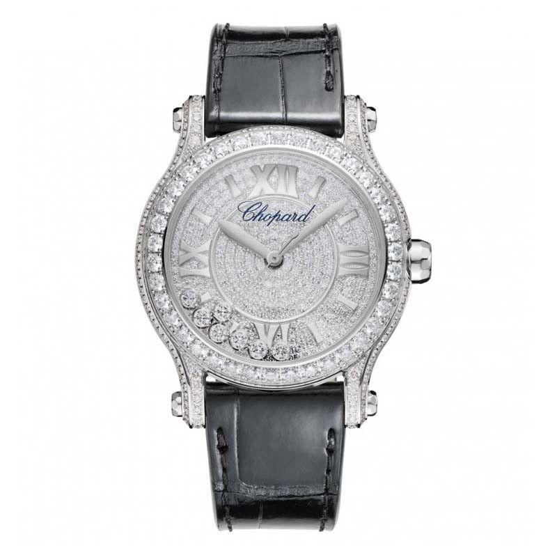 Happy Sport Medium in White Gold with Diamond Bezel On Black Crocodile Leather Strap with Pave Diamond Dial