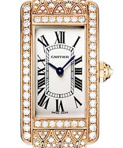 Tank Americaine  Medium with Diamonds in Rose Gold on Diamond Bracelet with Silver Roman Dial