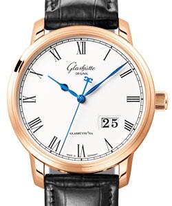 Senator Panorama Date 40mm Automatic in Rose Gold On Black Crocodile Strap with Silver Grained Roman Dial
