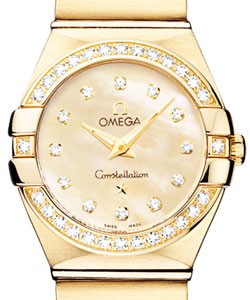 Omega Constellation Quartz in Yellow Gold with Diamond Bezel On Rose Gold Bracelet with Champagne MOP Diamond Dial