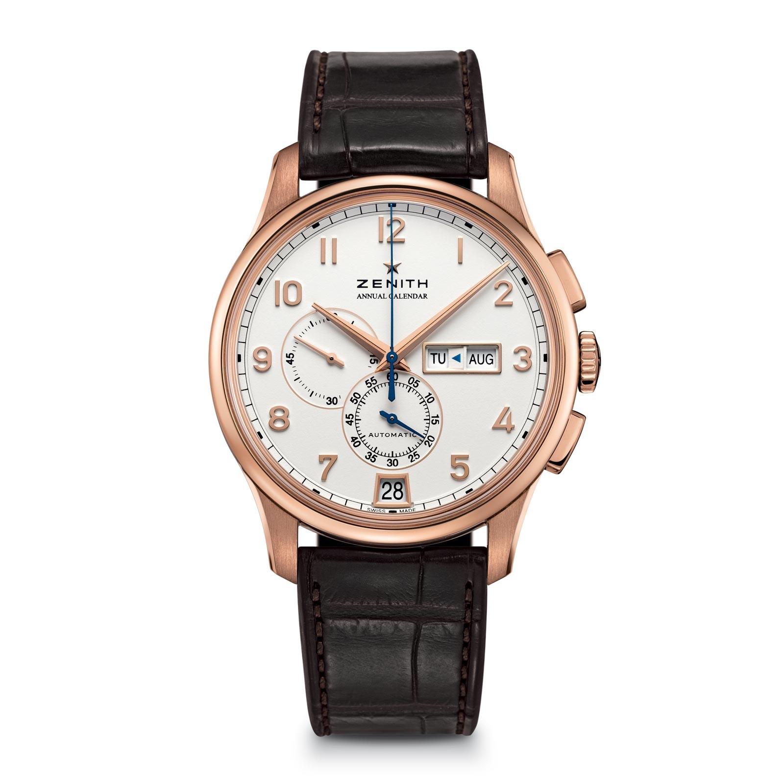 Captain Chronograph Automatic in Rose Gold On Brown Crocodile Leather Strap with White Arabic Dial