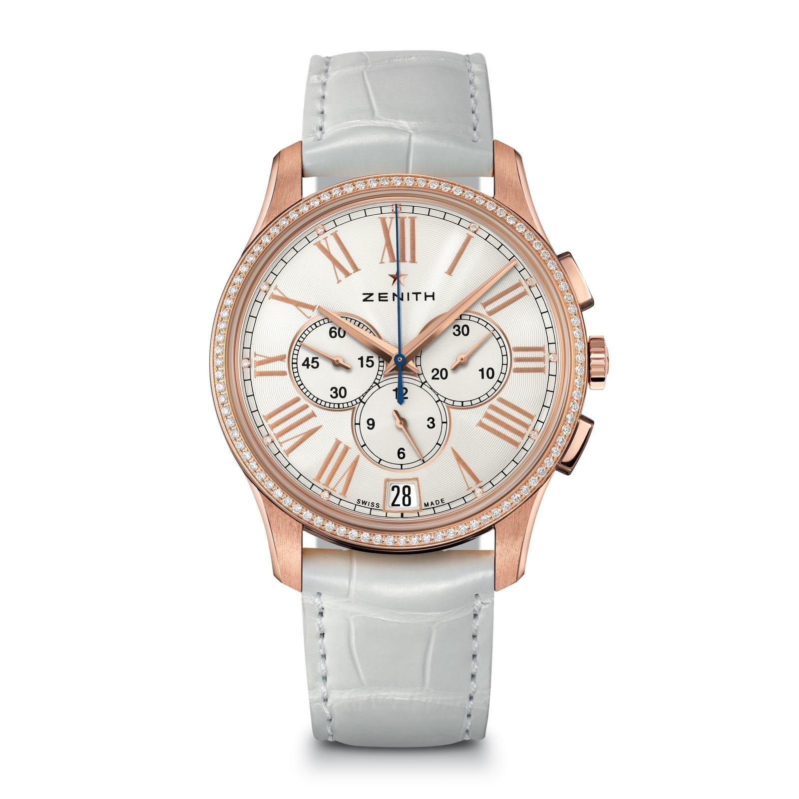 El Primero Captain Chrnograph in Rose Gold with Diamond Bezel On White Crocodile Leather Strap with Silver Roman Dial
