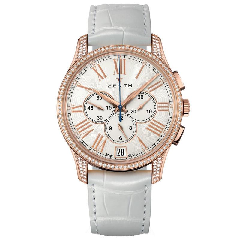 El Primero 36000 VPH in Rose Gold with Diamond Bezel On White Crocodile Leather Strap with Silver Roman Dial