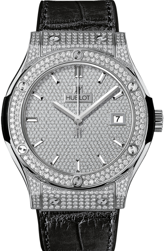 Classic Fusion 45mm  Automatic in White Gold with Diamonds bezel On Black Crocodile Leather Strap with Pave Diamond Dial