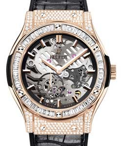 Classic Fusion 45mm Ultra Thin in Rose Gold with Baguette Diamond Bezel on Black Crocodile Leather Strap with Skeleton Dial