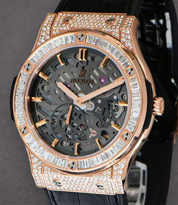 Classic Fusion 45mm Ultra Thin in Rose Gold with Baguette Diamond Bezel on Black Crocodile Leather Strap with Skeleton Dial