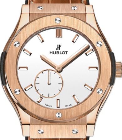 Classic Fusion 45mm Ultra Thin in Rose Gold On Brown Crocodile Leather Strap with Lacquered White Dial