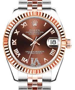 Datejust 31mm in Steel with Rose Gold Fluted Bezel on Jubilee Bracelet with Chocolate Roman Dial - Diamond on 6