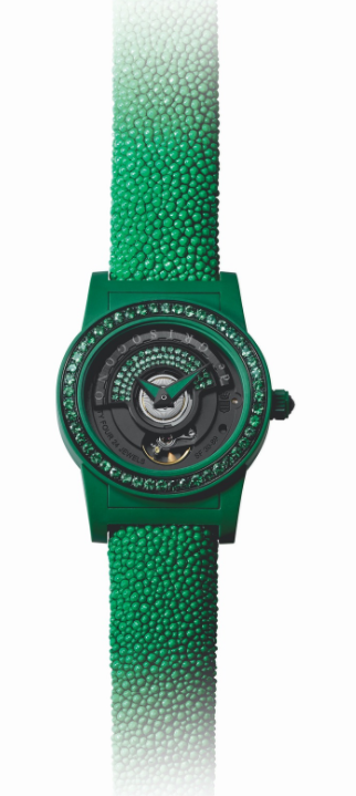 Tondo By Night S09 41mm Automatic in Green Fiber with Green Emeralds Bezel On Green Galuchat Strap with Black Emeralds Dial