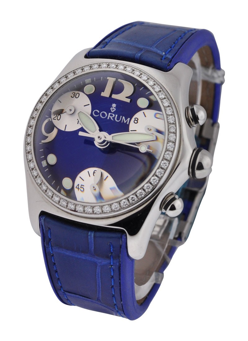 Bubble Chronograph Midsize in Steel with Diamond Bezel on Blue Crocodile Leather Strap with Blue Dial 19615147 0F03