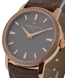 Patrimony Traditionelle with Diamond Bezel  Rose Gold on Strap with Grey Dial