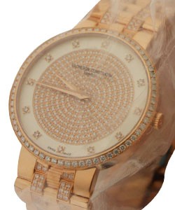Patrimony Traditionnelle in Rose Gold with Diamond Bezel on Rose Gold Diamond Bracelet with Pave Diamond Dial