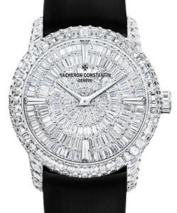 Patrimony Traditionelle Haute Joaillerie - White Gold On Black Satin Strap with Pave Baguette Diamond Dial
