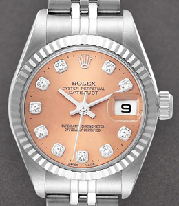 Lady's Datejust in Steel with White Gold Fluted Bezel on Steel Jubilee Bracelet with Salmon Diamond Dial