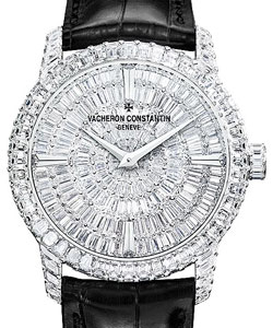 Patrimony Traditionelle Haute Joaillerie in White Gold Diamond Bezel on Black Crocodile Strap with Pave Baguette Diamond Dial