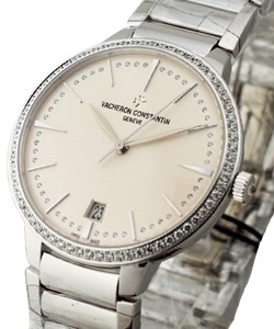 Patrimony Contemporaine in White Gold with Diamond Bezel On White Gold Bracelet with Silver Dial