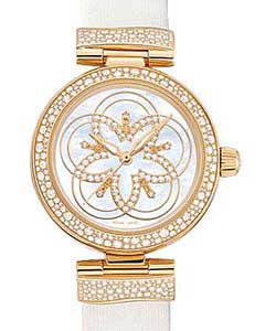 DeVille Ladymatic Co-axial  in Yellow Gold with Diamonds Bezel on White Satin Strap with White MOP Diamond Dial