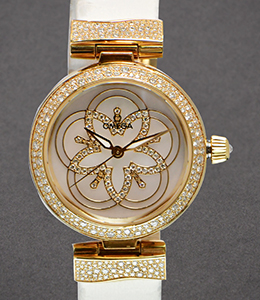 DeVille Ladymatic Co-axial  in Yellow Gold with Diamonds Bezel on White Satin Strap with White MOP Diamond Dial