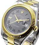 Datejust II 41mm in Steel with Yellow Gold Fluted Bezel on Oyster Bracelet with Gray Green Roman Wimbledon Dial