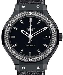 Classic Fusion All Black 38mm Automatic in Black Ceramic with Diamond Bezel on Black Leather Strap with Matte Black Dial