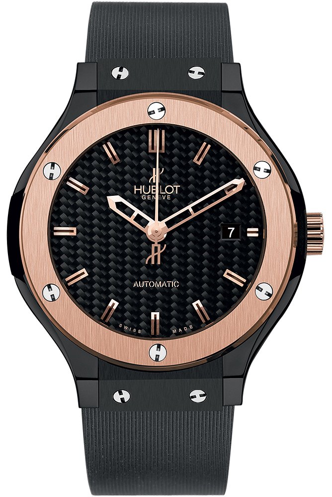 Classic Fusion 38mm in Rose Gold with Ceramic Bezel On Black Line Rubber Strap with Black Carbon Dial