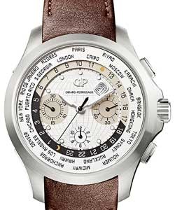 World Time Chronograph Traveller Mens Automatic - Titanium On Brown Leather Strap with White Dial