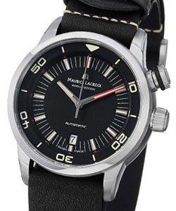 Pontos S Diver mens Automatic in Steel On Black Leather Strap with Black Sun-brushed Dial