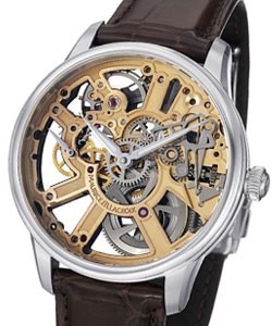 Masterpiece Squellete Mens Manual in Steel On Black Crocodile Strap with Gold Skeleton Dial