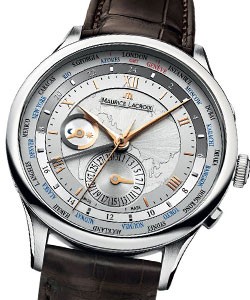 Masterpiece Worldtimer Automatic in Steel on Brown Crocodile Leather Strap with Silver Roman Dial