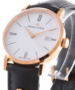 Eliros Date Ladies 30mm Swiss Quartz in Rose Gold On Black Leather Strap with White Lacquered Roman Dial