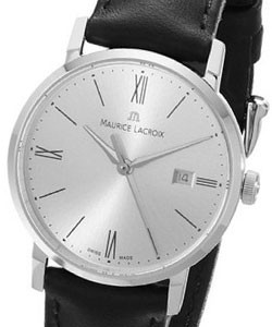 Eliros Date Ladies 30mm Swiss Quartz in Steel On Black Leather Strap with Silver Sun Brushed Dial