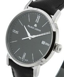 Eliros Date Ladies 30mm Swiss Quartz in Steel On Black Leather Strap with Black Sun Brushed Dial