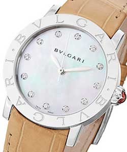 Blvgari Classic 33mm in Steel Tan Crocodile Strap with Mother of Pearl Diamond Dial