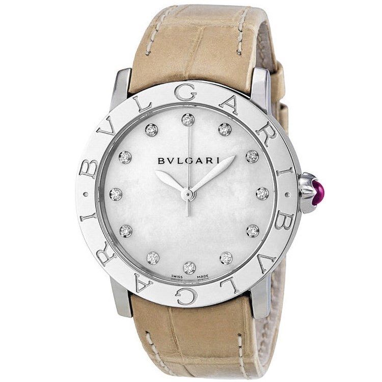 Bvlgari 37mm Mens Automatic in Steel On Beige Crocodile Leather Strap with MOP Diamond Dial