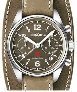 BR126 Military Type Mens 39mm Automatic in Steel On Khaki Leather Strap with Khaki Dial