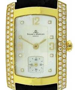 Hampton Classic Swiss Quartz in Yellow Gold with Partial Diamonds on Bezel On Black Crocodile Strap with White MOP Dial