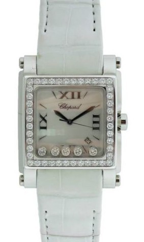  Happy Sport II XL in Steel on White Leather Strap with White MOP Diamonds Dial